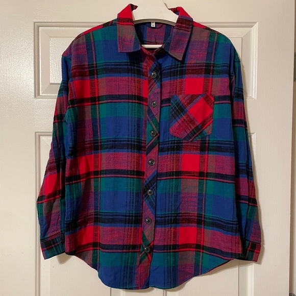 Maurices Cabin Plaid Boyfriend Tunic Button-Up Shirt - Blue and Red Size Medium - Picture 4 of 12